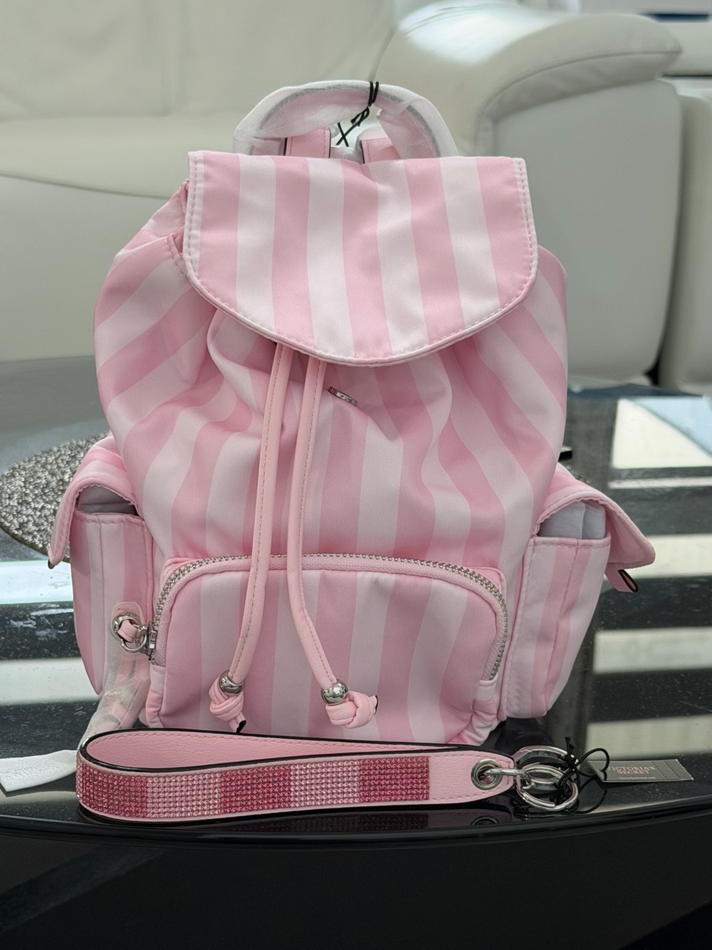 Victoria's Secret Pink Striped Mini Backpack and Keychain